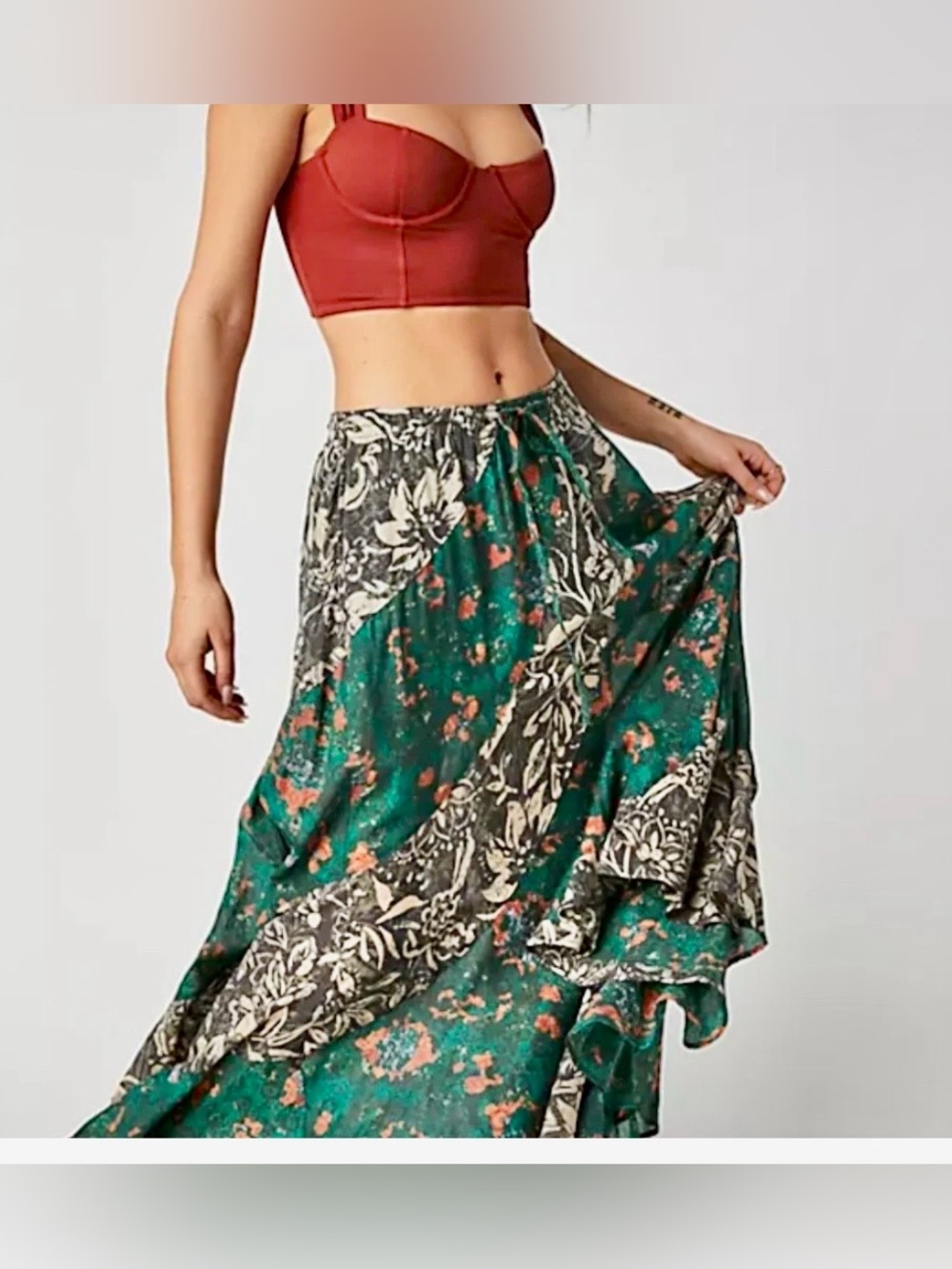 Free People Emerald Green Floral Maxi Skirt